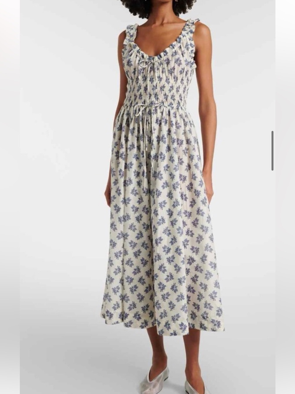new Doen Emmaretta shirred midi sundress in Crème Pomegranate Bloom floral cream